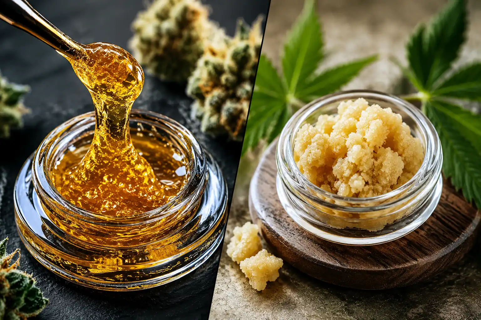 Cannabis live resin and sugar concentrates shown side by side