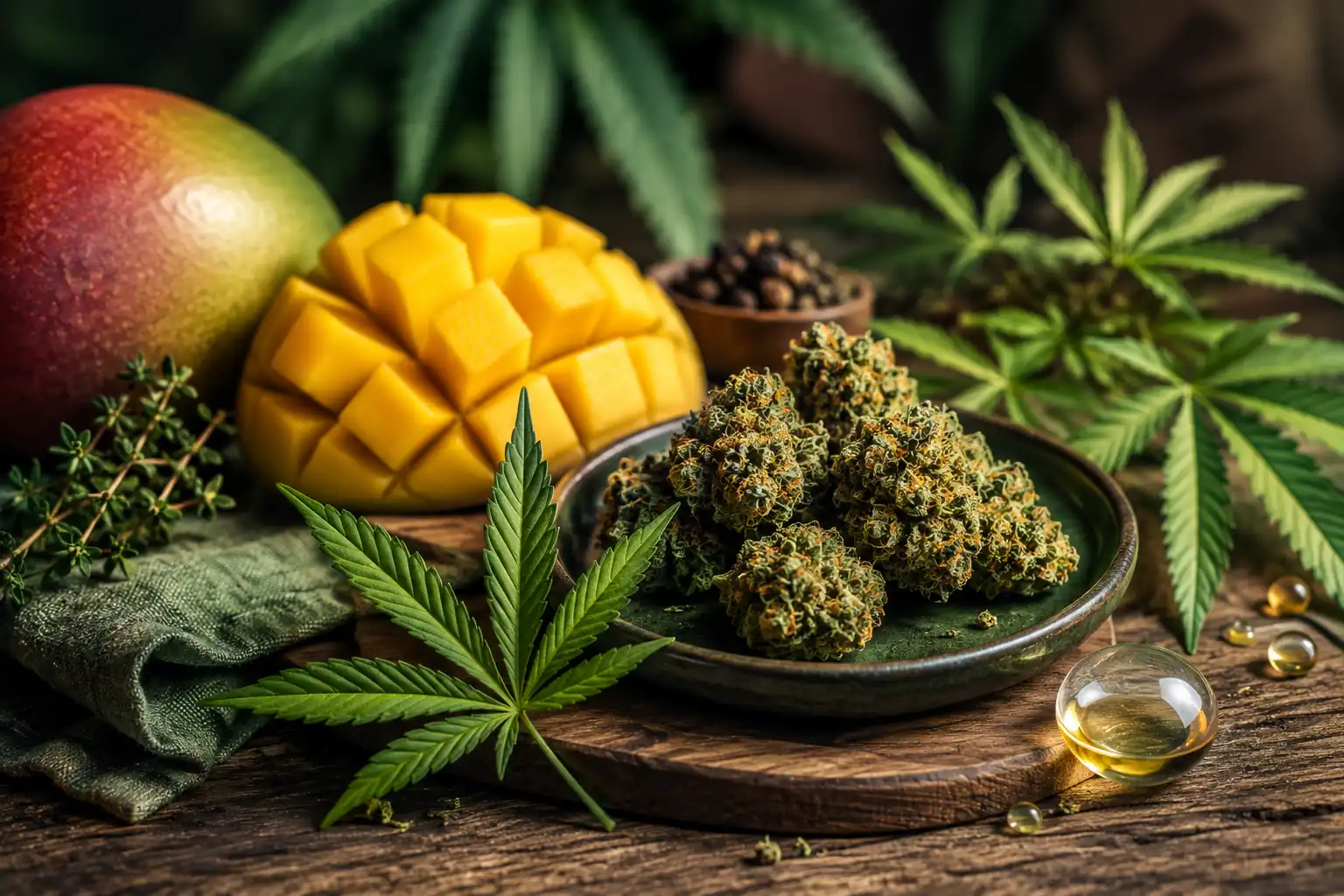 Cannabis buds with fresh mango, leaves, and golden oil