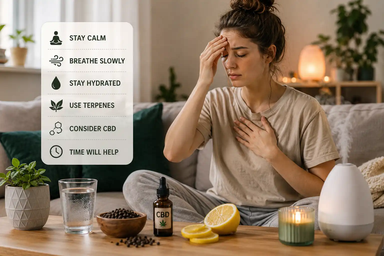 Woman practicing calming techniques with CBD oil and hydration